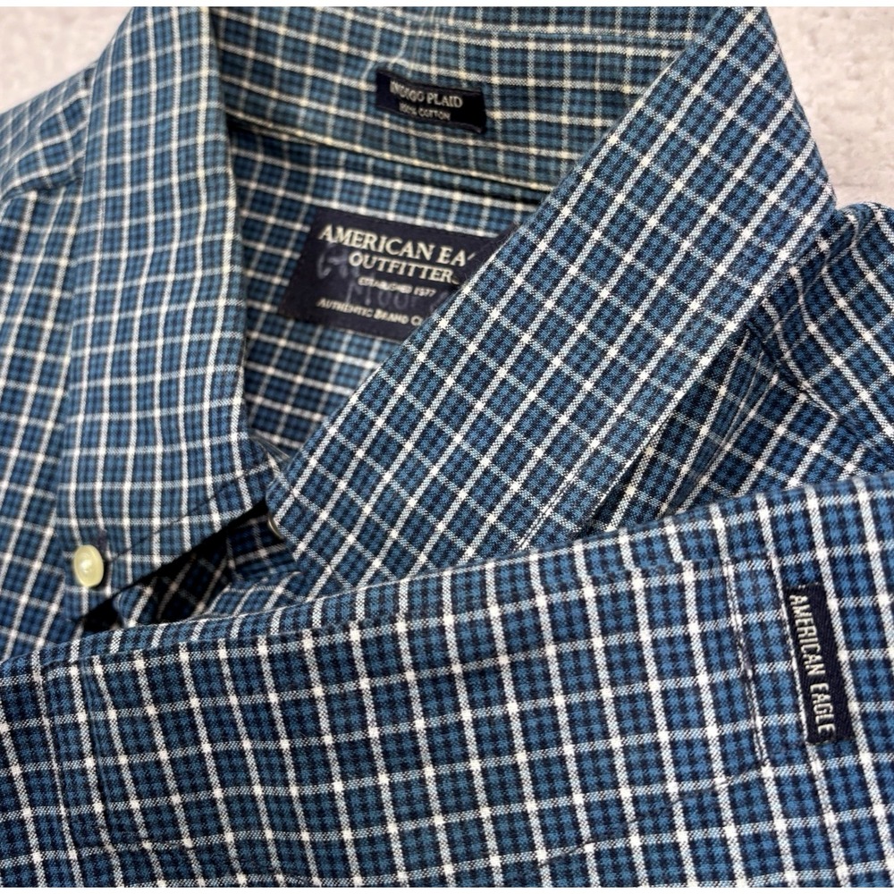 VTG 90s American Eagle Button Down Shirt Mens‎ L Blue Indigo Plaid Check Oxford